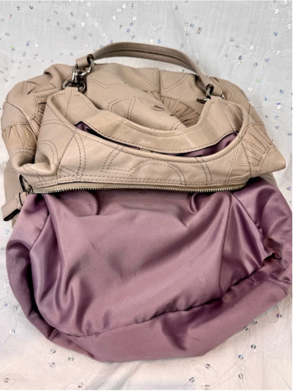 Coach 2010 Madison Maggie Putty Leather Op Art Shoulder Bag Lavender lining